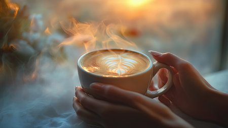 Hands wrapped around a coffee cup with an inviting foam design, set on a table with blurred soft tones in the backgroundの素材