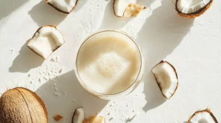 Fresh coconut milk poured into a glass, surrounded by cracked coconut halves on a clean white backgroundの素材