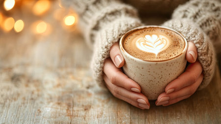 Hands wrapped around a coffee cup with an inviting foam design, set on a table with blurred soft tones in the backgroundの素材