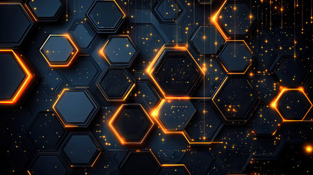 Layered hexagon shapes with intricate details and glowing effects in a high-tech styleの素材