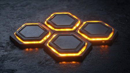 Layered hexagon shapes with intricate details and glowing effects in a high-tech styleの素材