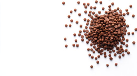 Heap of dry dog food pellets with rounded edges, scattered naturally on a seamless white backgroundの素材