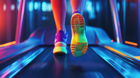 Feet in brightly colored running shoes striking the treadmill belt, emphasizing speed and energyの素材