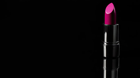 Isolated lipstick in a bold fuchsia shade, standing on a glossy black background with subtle reflectionsの素材