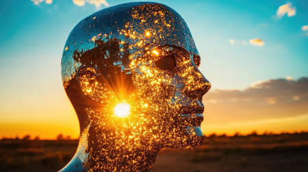 Industrial solar panels arranged in a grid, glistening under the sun with a vibrant blue sky in the backgroundの素材