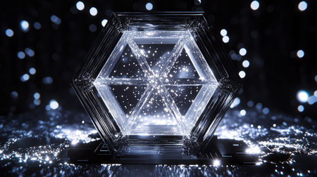 Geometric hexagonal structure with holographic light effects, symbolizing cutting-edge innovationの素材