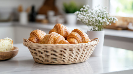 Flaky croissants in a wicker basket, placed on a countertop with a cozy bakery ambiance in soft natural lightの素材