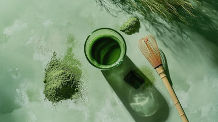 Matcha green tea in a glass with a rich green color, surrounded by matcha powder and a bamboo whisk, captured on a serene green surfaceの素材