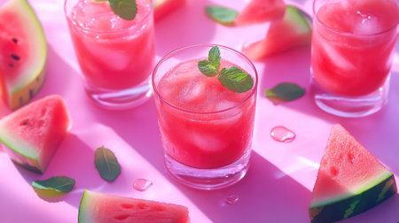 Frosty glasses of watermelon slushie surrounded by fresh watermelon slices and scattered mint leavesの素材