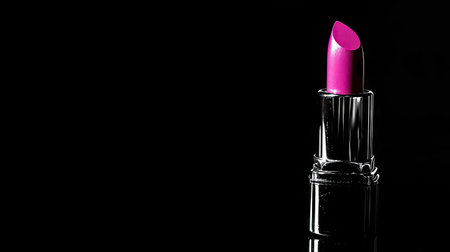 Isolated lipstick in a bold fuchsia shade, standing on a glossy black background with subtle reflectionsの素材