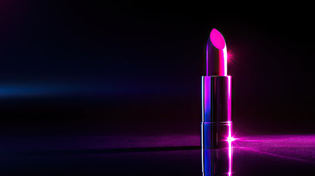 Isolated lipstick in a bold fuchsia shade, standing on a glossy black background with subtle reflectionsの素材