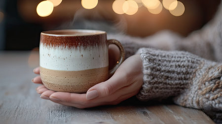Female hands holding a ceramic coffee mug, resting on a wooden table with warm tones in the backgroundの素材