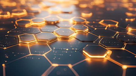 Hexagonal grid with glowing lines symbolizing communication and digital innovationの素材