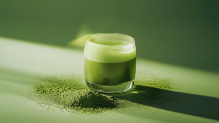 Glass of green matcha tea with a delicate layer of foam, placed on a smooth green surface with matcha powder sprinkled around the glassの素材