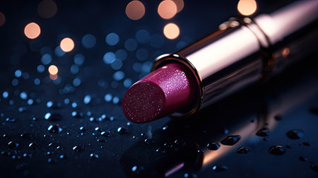 Luxury lipstick with a shiny metallic case lying on a dark background, surrounded by subtle glowing highlightsの素材