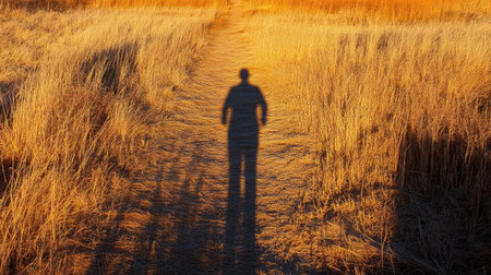 Long shadow of a person jogging on a trail during sunrise, with golden light filling the sceneの素材
