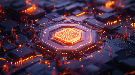 High-tech hexagon design with a futuristic digital glow, symbolizing blockchain and data conceptsの素材