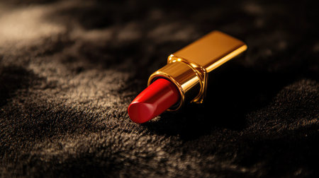 Luxury lipstick in a gold case lying on a black velvet surface, with its vibrant red color catching the lightの素材