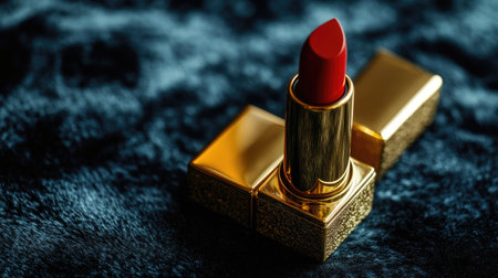 Luxury lipstick in a gold case lying on a black velvet surface, with its vibrant red color catching the lightの素材