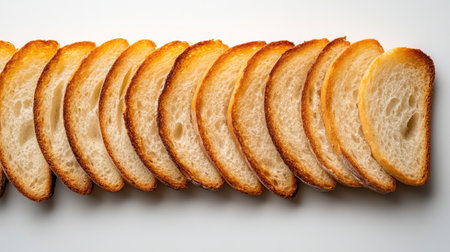 Freshly toasted bread slices aligned side by side on a seamless white background, highlighting their even browningの素材