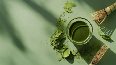Matcha green tea in a glass with a rich green color, surrounded by matcha powder and a bamboo whisk, captured on a serene green surfaceの素材