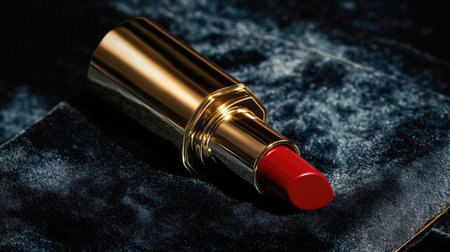 Luxury lipstick in a gold case lying on a black velvet surface, with its vibrant red color catching the lightの素材