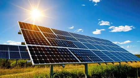 Industrial solar panels arranged in a grid, glistening under the sun with a vibrant blue sky in the backgroundの素材