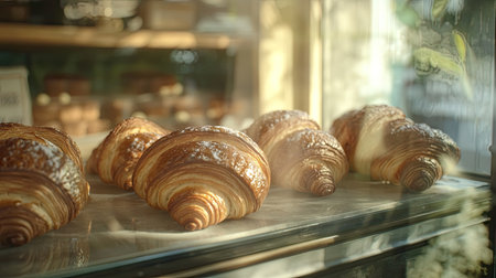 Fresh croissants displayed in a glass bakery case, with sunlight streaming through the window in a cozy shopの素材