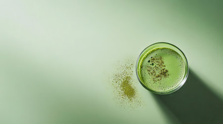 Matcha tea in a glass on a green background, with smooth textures and a few matcha powder sprinkles adding a minimalist touchの素材