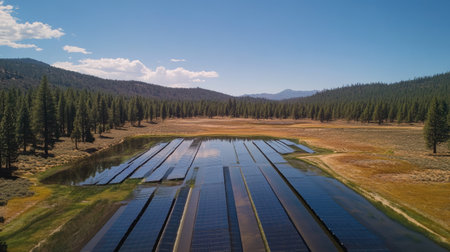 Large-scale solar power farm surrounded by fields, with rows of panels reflecting the blue sky and sunの素材