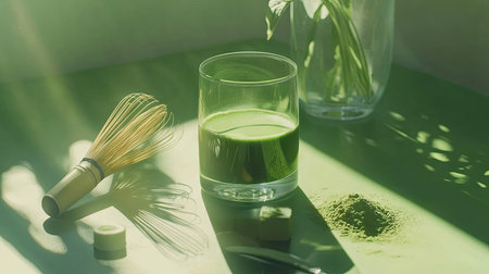 Green matcha tea in a clear glass with soft natural lighting, resting on a calming green surface, complemented by matcha powder and a whiskの素材