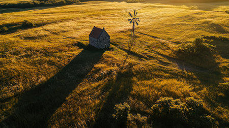 Golden hour shot of a historic windmill and a modern wind turbine, casting long shadows over a grassy meadowの素材