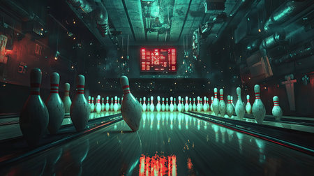 Mechanical pinsetter dropping pins into place, with a glimpse of a glowing scoreboard aboveの素材