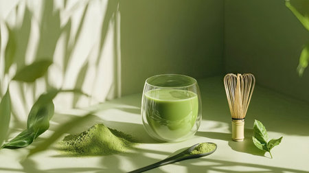 Matcha green tea in a transparent glass, sitting on a green surface with a whisk, powder, and fresh matcha leaves nearby, evoking tranquilityの素材