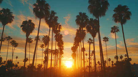 Low-angle shot of palm trees at sunset, with the sun dipping behind the fronds and a colorful sky as the backdropの素材