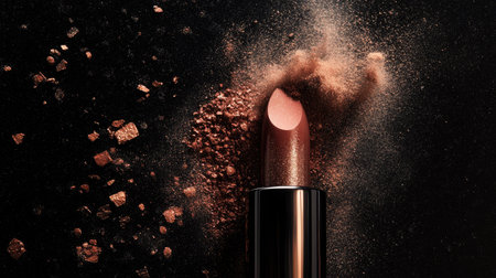 Luxury lipstick with a metallic finish surrounded by a trail of broken pigment powder on a black backdropの素材
