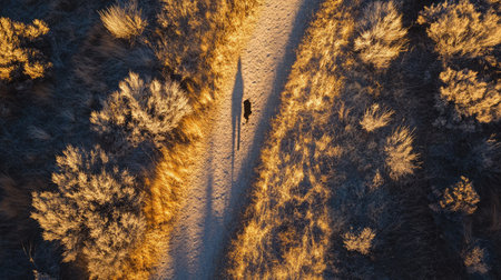 Long shadow of a person jogging on a trail during sunrise, with golden light filling the sceneの素材