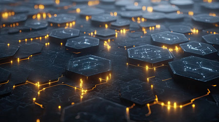 Glowing hexagonal network with data nodes, symbolizing connectivity and advanced technologyの素材