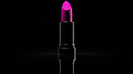 Isolated lipstick in a bold fuchsia shade, standing on a glossy black background with subtle reflectionsの素材