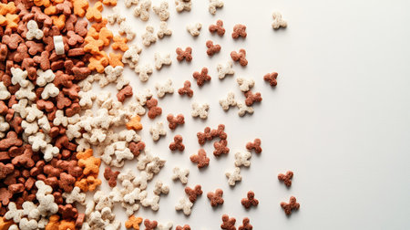 Heap of dry dog food in uniform shapes and sizes, perfectly isolated on a white background with soft natural lightingの素材