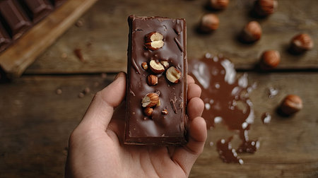 Hand holding a half-eaten chocolate bar with hazelnuts, placed on a wooden table with melted chocolate spilling outの素材