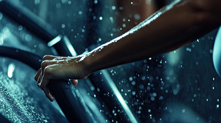 Hands gripping treadmill sidebars as a female athlete increases her pace, with sweat visible on her armsの素材