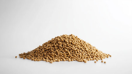 High-quality image of a heap of dry dog food pellets, isolated on a bright white surface for a clean and professional lookの素材
