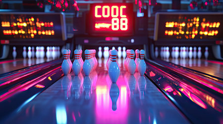 Mechanical pinsetter dropping pins into place, with a glimpse of a glowing scoreboard aboveの素材