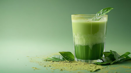 Matcha green tea in a glass, placed on a gentle green surface, with scattered matcha powder and leaves, giving off a natural and refreshing vibeの素材