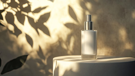 Luxury crme lotion bottle presented on a podium, with soft shadows and highlighting to create a high-end cosmetics product lookの素材