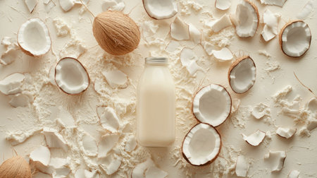 Minimalistic composition of coconut milk in a bottle surrounded by freshly cracked coconut shellsの素材