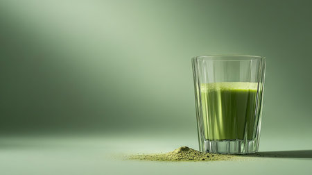 Matcha tea in a glass on a green background, with smooth textures and a few matcha powder sprinkles adding a minimalist touchの素材