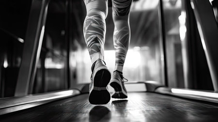 Legs in compression leggings pounding the treadmill belt as a female athlete powers through her runの素材