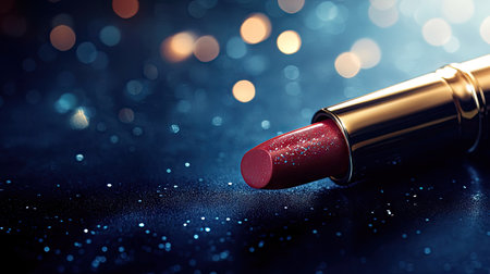 Luxury lipstick with a shiny metallic case lying on a dark background, surrounded by subtle glowing highlightsの素材